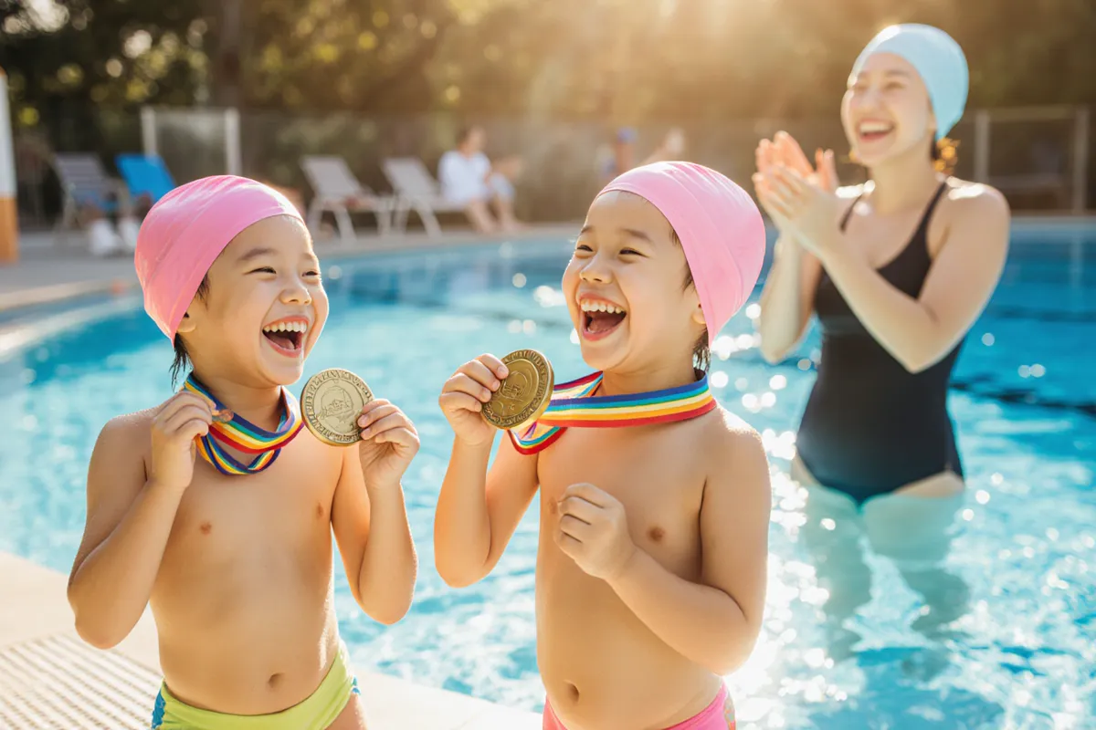 Two happy children in swim caps holding medals at an outdoor Singapore swimming pool while their coach claps