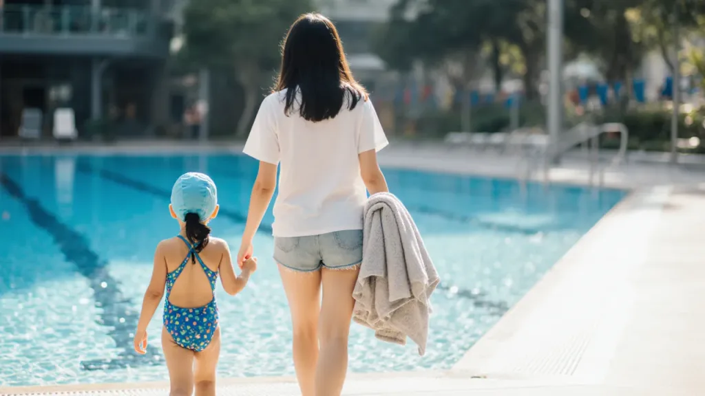 Mother holding towel and walking hand in hand with young daughter in swim cap towards an ActiveSG pool in Singapore