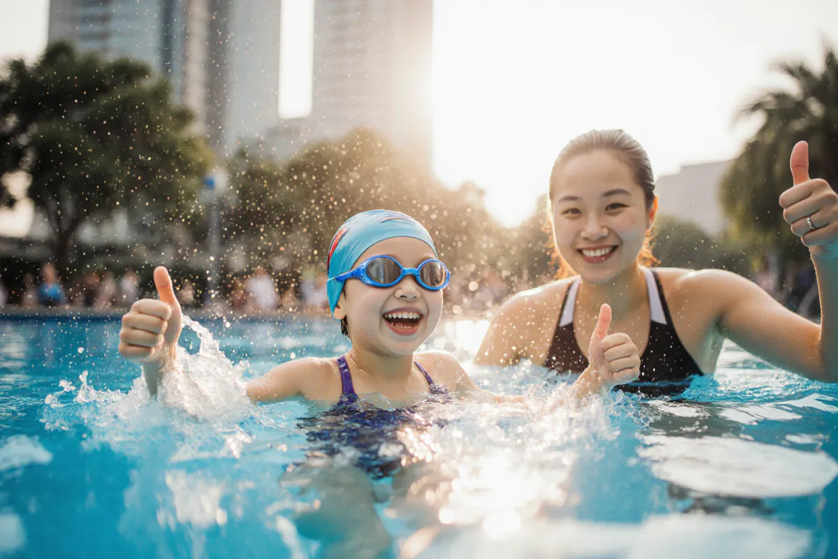 Smiling child and swim coach giving thumbs up in pool after storm clears in Singapore