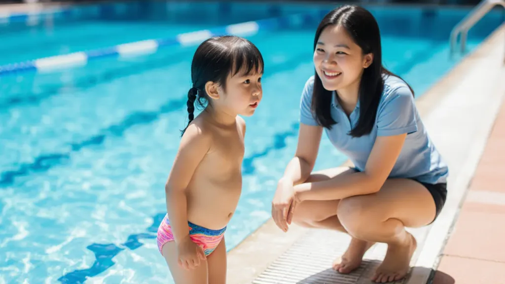 Hesitant young girl at the edge of an ActiveSG pool with a reassuring swim coach