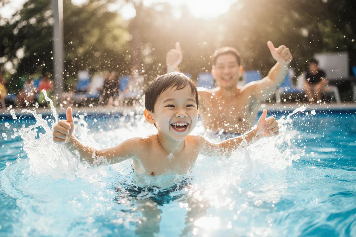 Happy confident child splashing in a Singapore pool with a coach giving thumbs up