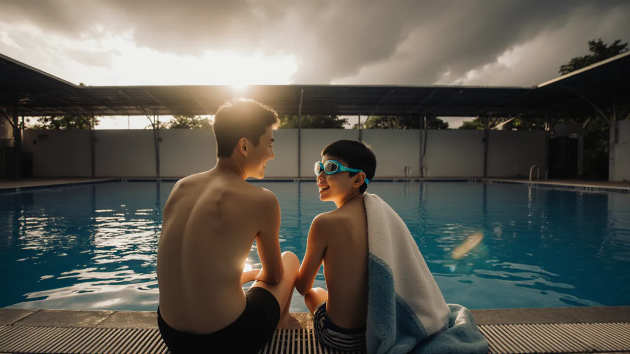 Swim coach and young boy waiting poolside while storm clouds pass over an ActiveSG pool in Singapore