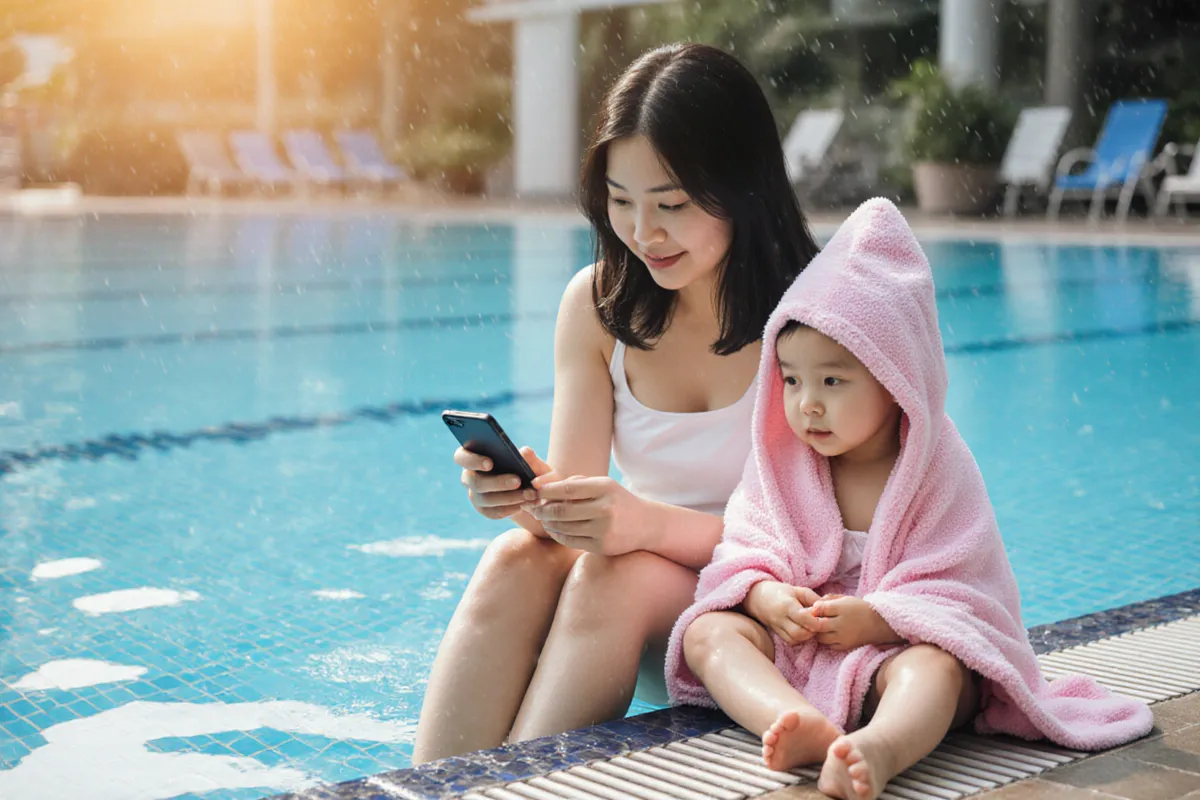 Parent checking phone for swimming lesson update beside child in towel at Singapore pool