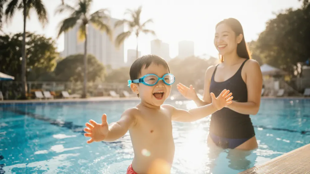 Excited child in goggles at the edge of an ActiveSG pool with swim coach in Singapore