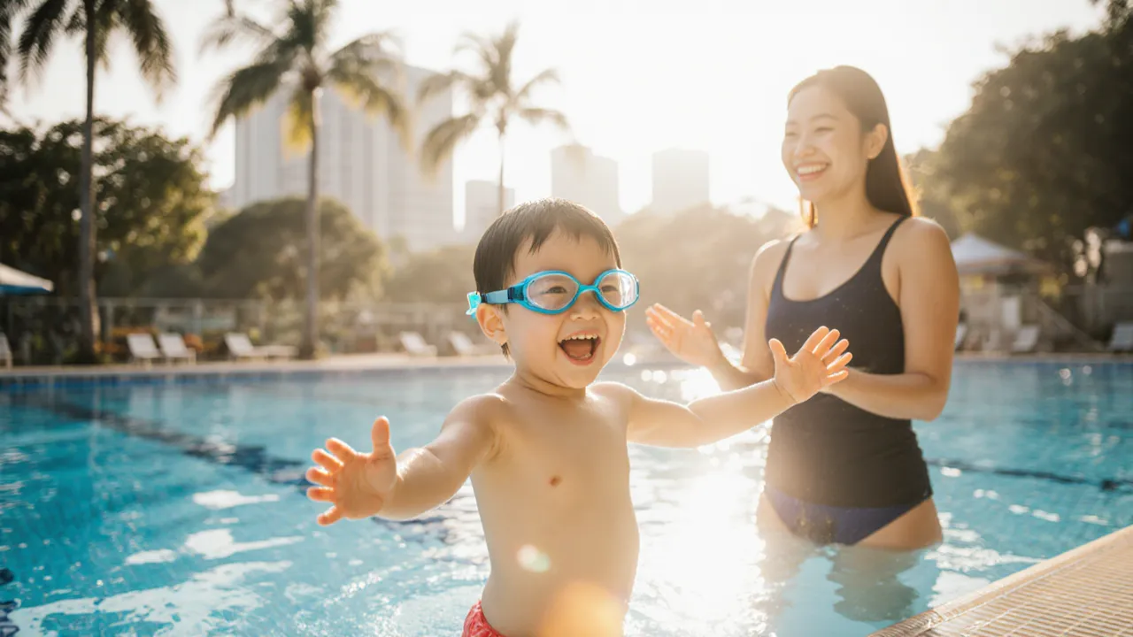 Excited child in goggles at the edge of an ActiveSG pool with swim coach in Singapore