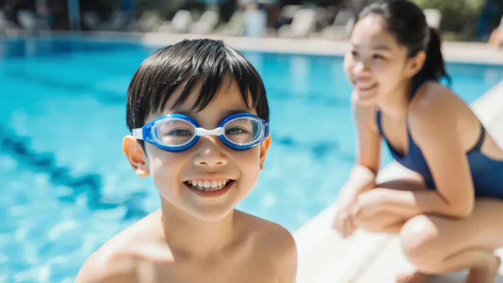 Smiling Singapore boy in goggles at an ActiveSG pool with his swim coach during school holiday swimming lessons