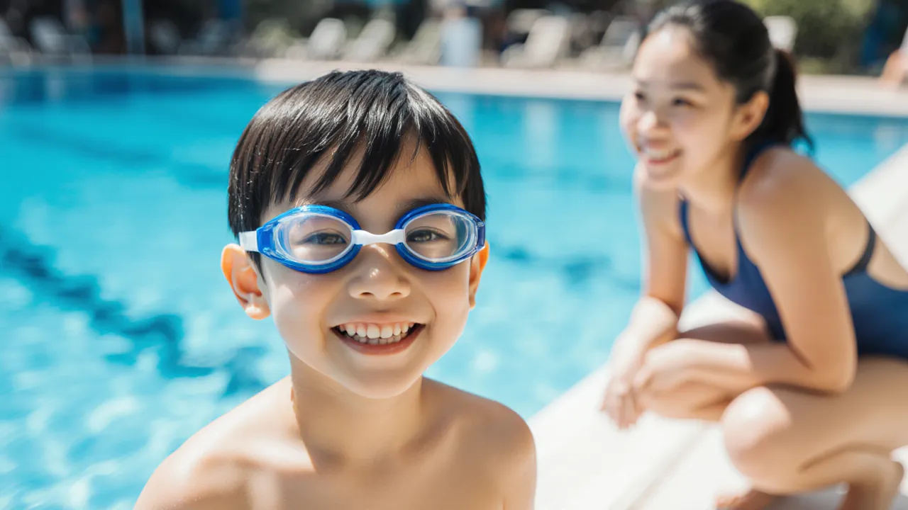Smiling Singapore boy in goggles at an ActiveSG pool with his swim coach during school holiday swimming lessons