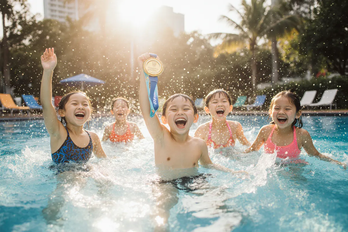 Group of children cheering and holding a swim medal in a Singapore pool