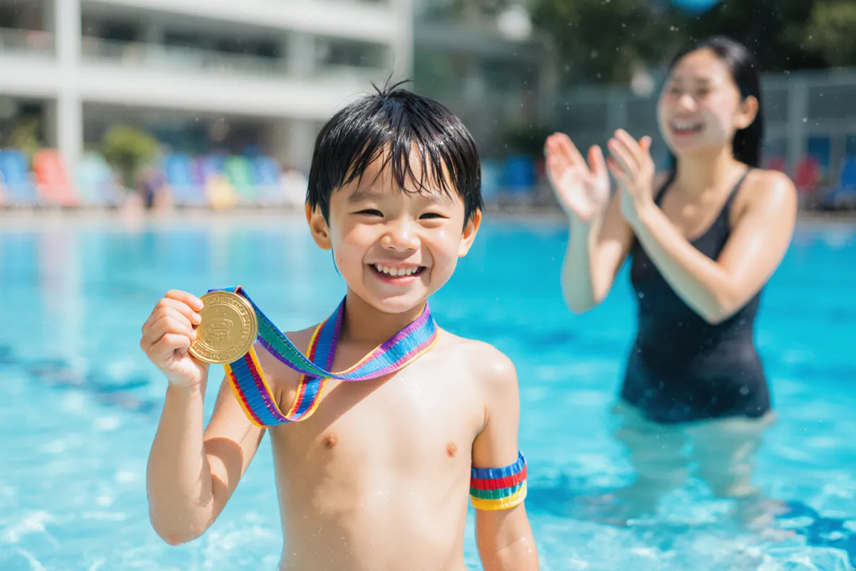 Smiling child holding a swim medal and wearing a swim band after a lesson in Singapore